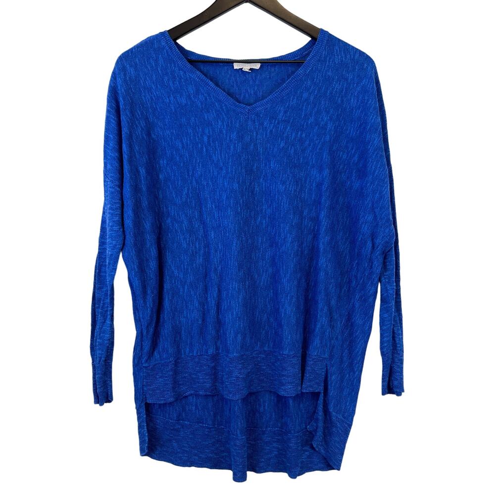 Eileen Fisher XS Hi-Low Linen Cotton Dolman Sleeve Vneck Knit Top Shirt Blue